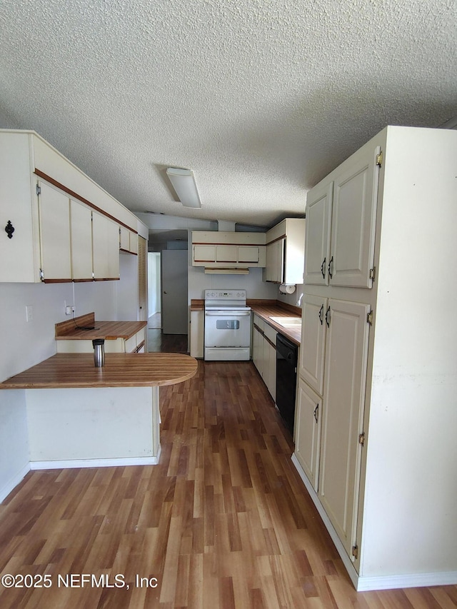 217 Pineway W Ave, Satsuma, FL 32189 - kitchen featuring white electric range, a peninsula, black dishwasher, wood finished floors, and a textured ceiling