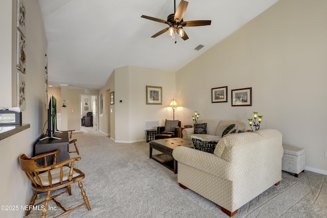 11929 Surfbird Cir Unit 12F, Jacksonville, FL 32256 - carpeted living area featuring visible vents, baseboards, a ceiling fan, and lofted ceiling