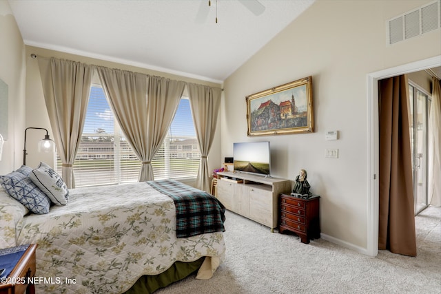 11929 Surfbird Cir Unit 12F, Jacksonville, FL 32256 - bedroom featuring lofted ceiling, baseboards, visible vents, ceiling fan, and light colored carpet