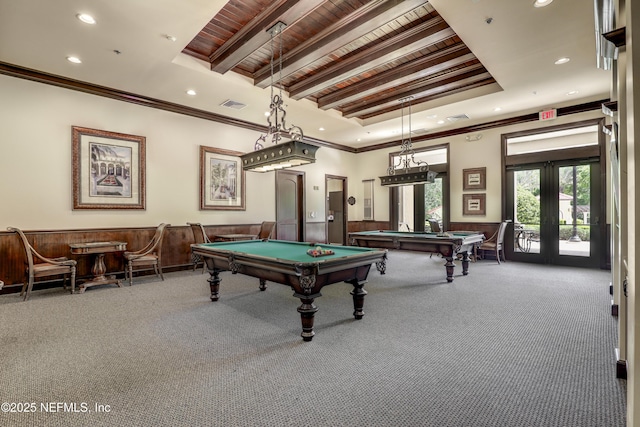 11929 Surfbird Cir Unit 12F, Jacksonville, FL 32256 - playroom with pool table, wainscoting, ornamental molding, and carpet floors