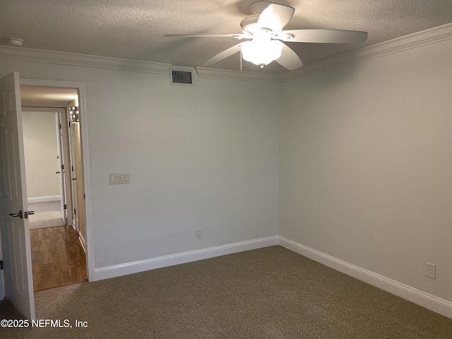 929 Seashell Ln, Ponte Vedra Beach, FL 32082 - carpeted spare room with ceiling fan, ornamental molding, a textured ceiling, and visible vents