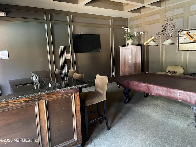 929 Seashell Ln, Ponte Vedra Beach, FL 32082 - playroom with a decorative wall, a sink, pool table, coffered ceiling, and carpet flooring