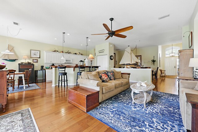 708 El Vergel Ln, Saint Augustine, FL 32080 - living room with light wood-style flooring, visible vents, and ceiling fan