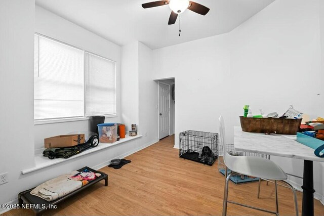 interior space with ceiling fan and wood finished floors