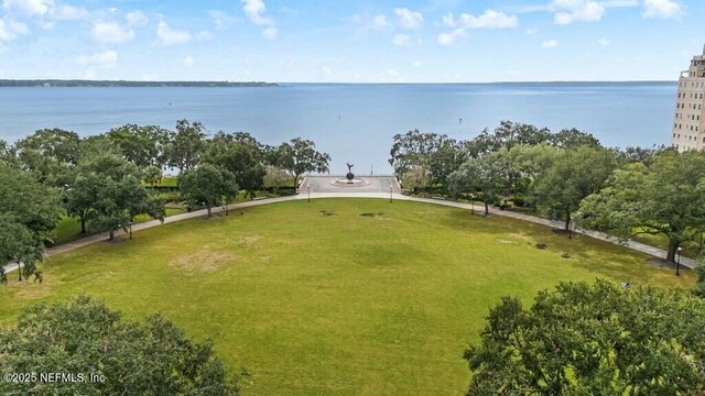 bird's eye view with a water view