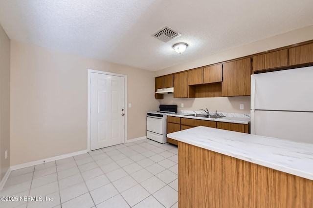 11764 Raven Dr W, Jacksonville, FL 32218 - kitchen with visible vents, a sink, white appliances, under cabinet range hood, and brown cabinets