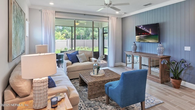 265 Dogleg Run, Saint Johns, FL 32259 - living room with visible vents, baseboards, ceiling fan, crown molding, and wood finish floors