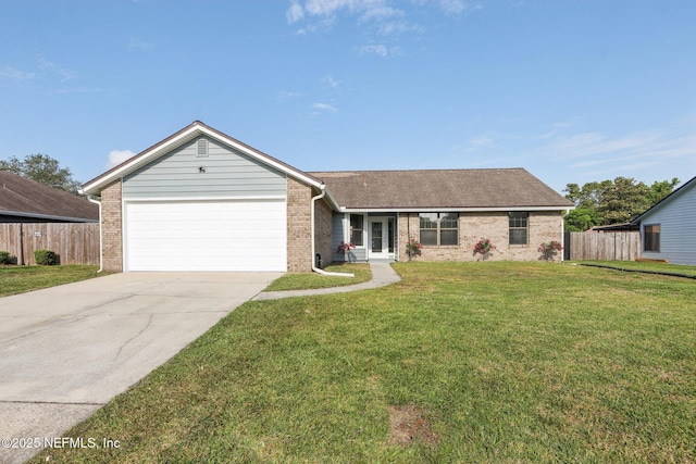 single story home with a garage, fence, a front yard, brick siding, and driveway