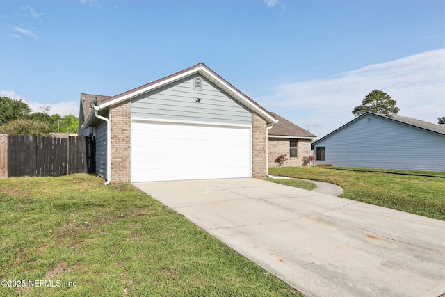 single story home featuring a garage, fence, concrete driveway, and brick siding