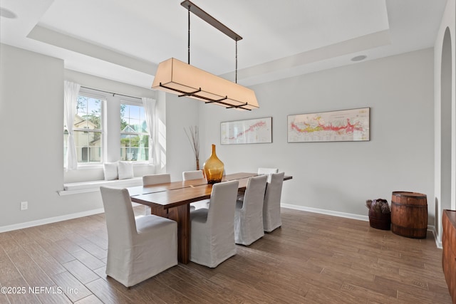 dining space with baseboards, a tray ceiling, and wood finished floors