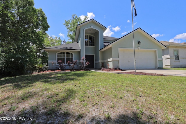 3038 Majestic Oaks Ln, Green Cove Springs, FL 32043 - view of front of home with a shingled roof, an attached garage, concrete driveway, stucco siding, and a front lawn