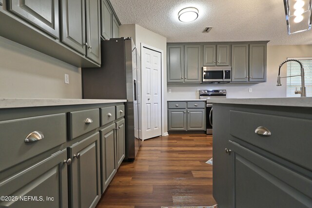 3038 Majestic Oaks Ln, Green Cove Springs, FL 32043 - kitchen with gray cabinets, light countertops, dark wood-type flooring, visible vents, and stainless steel appliances