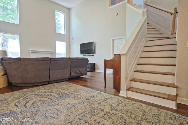3038 Majestic Oaks Ln, Green Cove Springs, FL 32043 - living room featuring stairway, a high ceiling, baseboards, and wood finished floors
