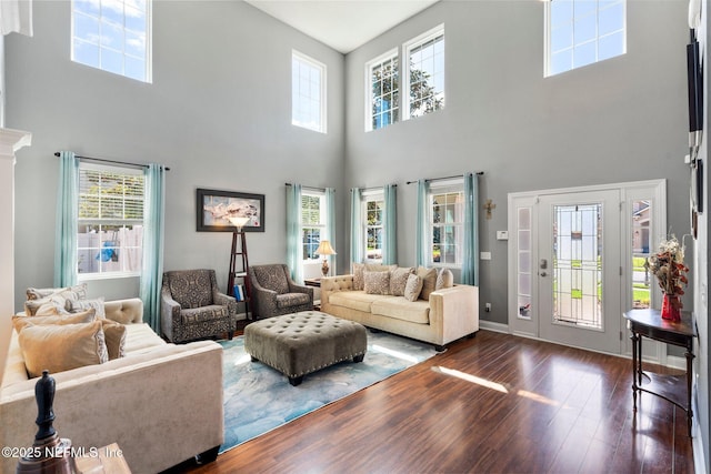 11725 Paddock Gates Dr, Jacksonville, FL 32223 - living area with a high ceiling, dark wood-type flooring, and baseboards
