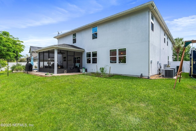 11725 Paddock Gates Dr, Jacksonville, FL 32223 - back of house featuring a sunroom, stucco siding, cooling unit, and ceiling fan