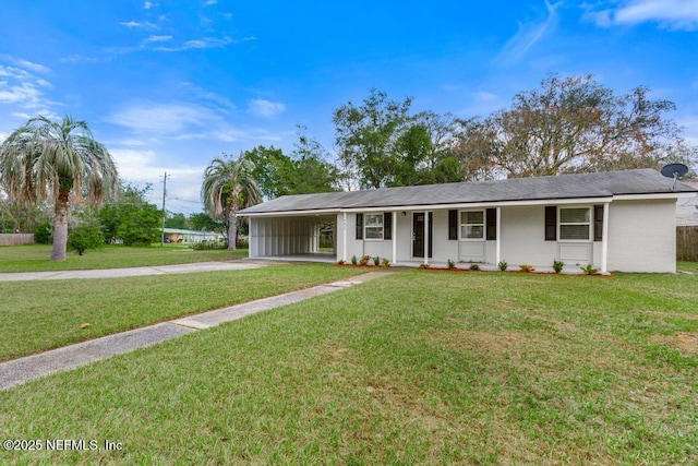 10625 Dodd Rd, Jacksonville, FL 32218 - ranch-style house featuring a front yard, a carport, covered porch, concrete driveway, and stucco siding