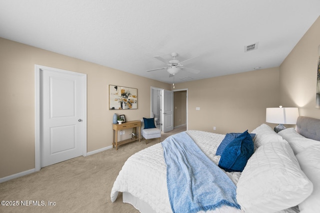 2627 Sandy Dune Dr, Jacksonville, FL 32233 - bedroom with visible vents, baseboards, a ceiling fan, and light colored carpet
