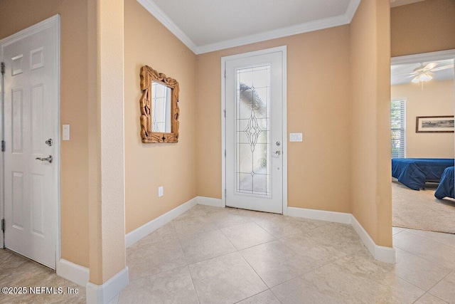 205 Clay Gully Trl, Ponte Vedra, FL 32081 - entryway with ornamental molding, baseboards, tile patterned floors, and ceiling fan