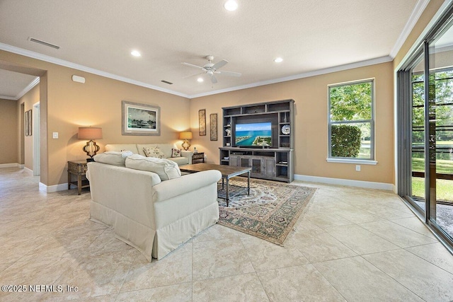 205 Clay Gully Trl, Ponte Vedra, FL 32081 - living area featuring crown molding, a ceiling fan, recessed lighting, baseboards, and a textured ceiling
