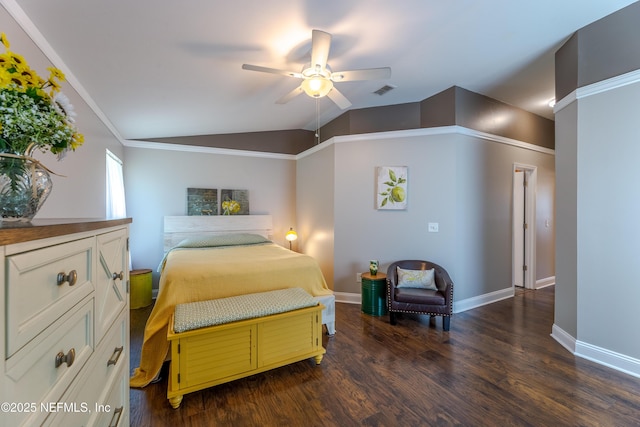 bedroom with dark wood finished floors, vaulted ceiling, visible vents, baseboards, and a ceiling fan