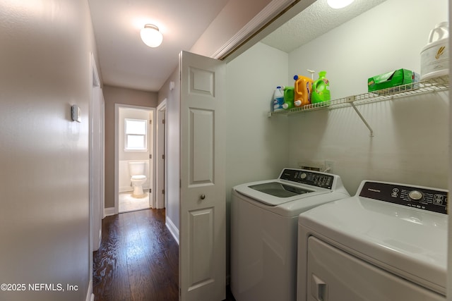 washroom with baseboards, laundry area, dark wood-style flooring, and separate washer and dryer