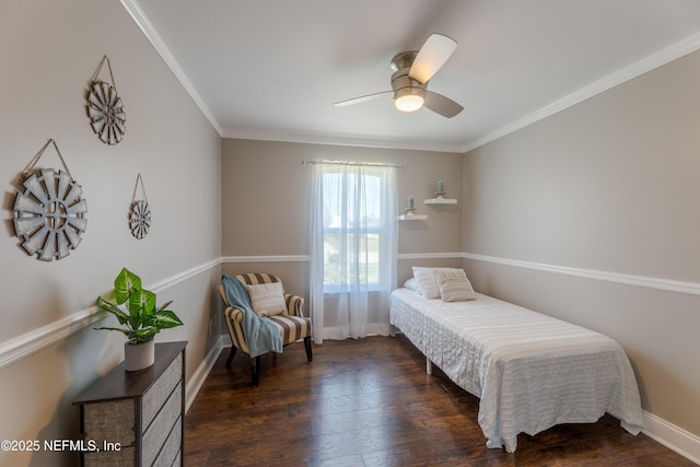 bedroom with baseboards, ornamental molding, ceiling fan, and wood-type flooring