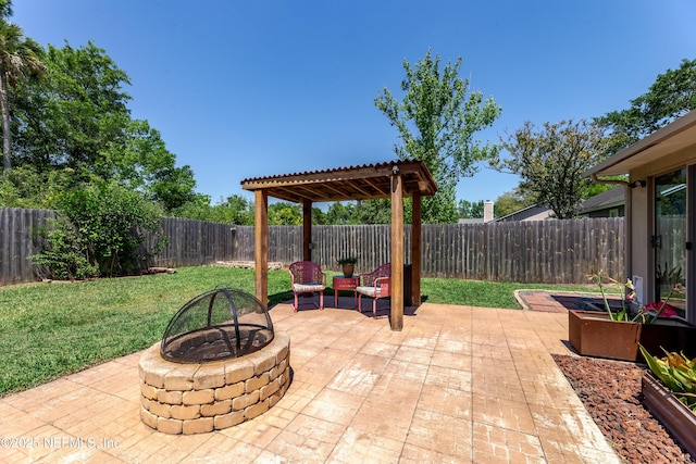 view of patio with a fire pit and a fenced backyard