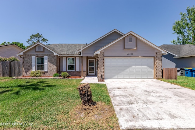 ranch-style home with driveway, fence, brick siding, an attached garage, and a front yard