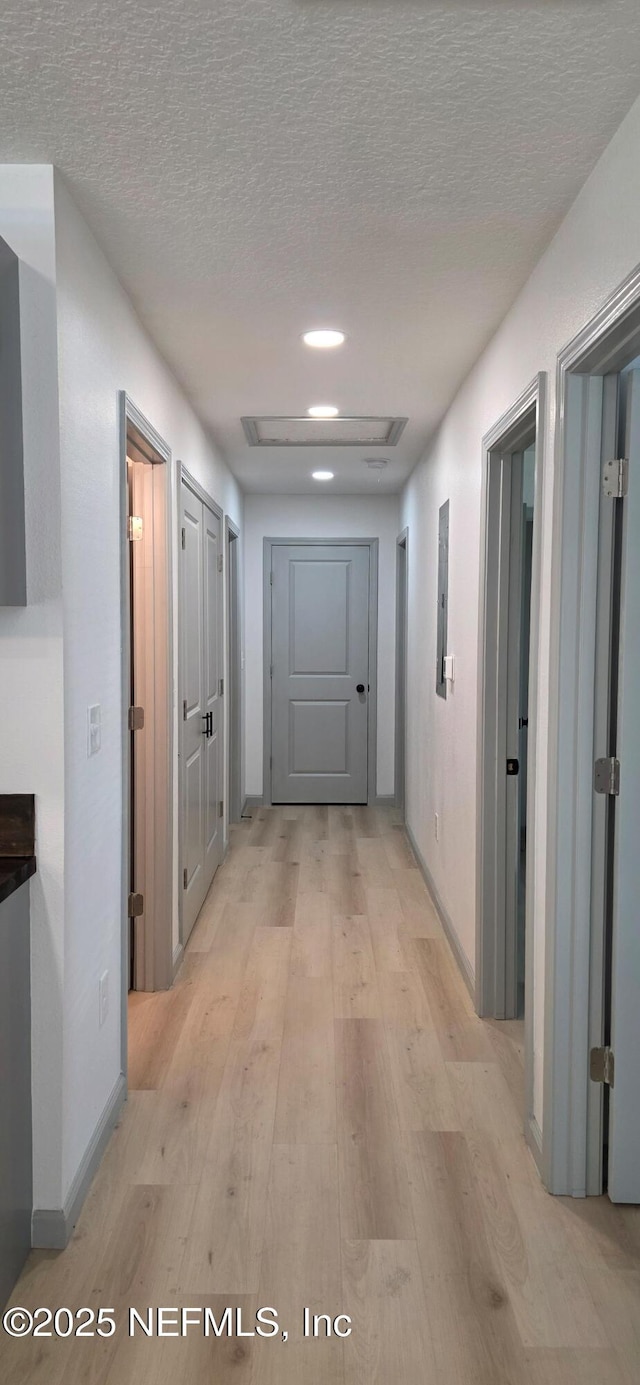1625 W 27th St, Jacksonville, FL 32209 - hallway with light wood-style flooring, a textured ceiling, and electric panel