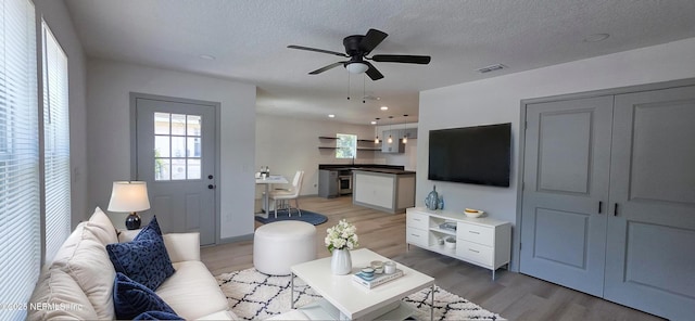 1625 W 27th St, Jacksonville, FL 32209 - living area featuring light wood-type flooring, ceiling fan, a textured ceiling, recessed lighting, and beverage cooler