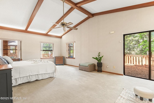 carpeted bedroom featuring baseboards, ceiling fan, access to outside, beam ceiling, and high vaulted ceiling