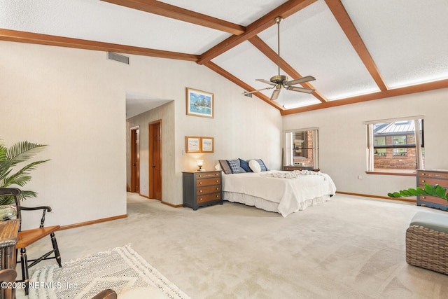 bedroom with visible vents, baseboards, carpet floors, beamed ceiling, and high vaulted ceiling