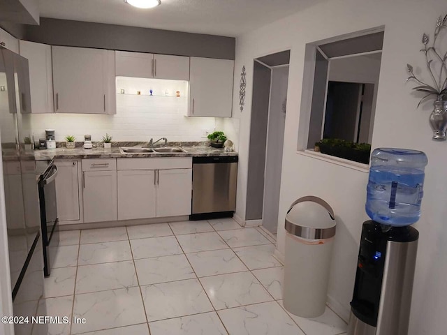 4123 Piper Dr, Jacksonville, FL 32207 - kitchen featuring tasteful backsplash, white cabinets, marble finish floor, dishwasher, and a sink