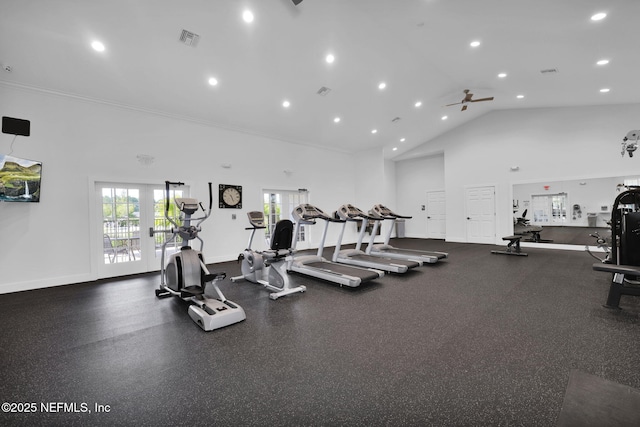 336 Spoonbill Cir, Saint Augustine, FL 32095 - workout area with plenty of natural light, recessed lighting, ornamental molding, baseboards, and a ceiling fan