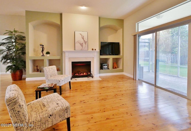 2612 S Waterleaf Dr, Saint Augustine, FL 32092 - living room with wood finished floors, a fireplace with flush hearth, baseboards, and built in features