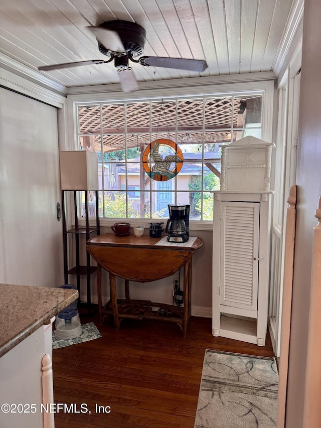 512 Clinton Dr, Orange Park, FL 32073 - interior space featuring wood ceiling, a ceiling fan, dark wood finished floors, and crown molding
