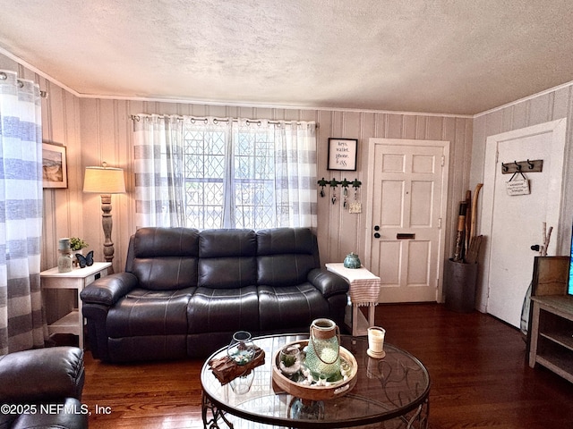 512 Clinton Dr, Orange Park, FL 32073 - living area with a textured ceiling, wood finished floors, ornamental molding, and wood walls