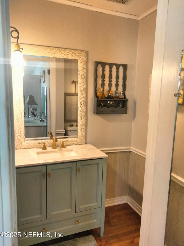 512 Clinton Dr, Orange Park, FL 32073 - bathroom featuring vanity, wood finished floors, a wainscoted wall, and crown molding