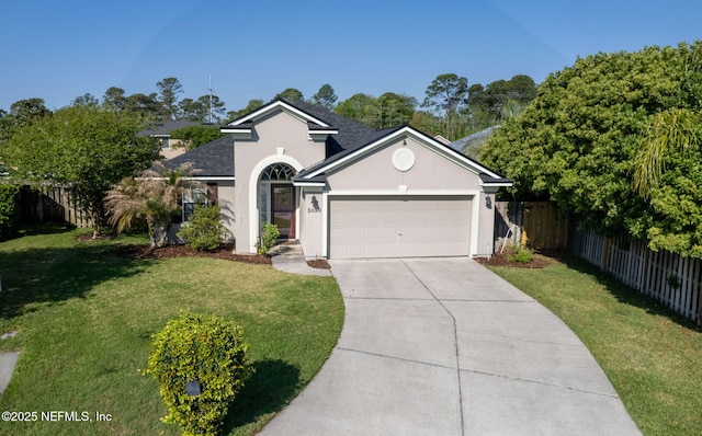 single story home with concrete driveway, stucco siding, a front yard, a garage, and fence