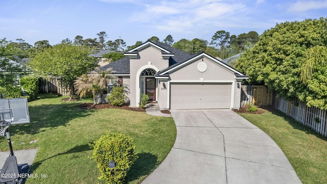 ranch-style home featuring stucco siding, driveway, an attached garage, a front lawn, and fence