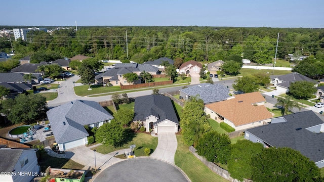 birds eye view of property with a wooded view and a residential view