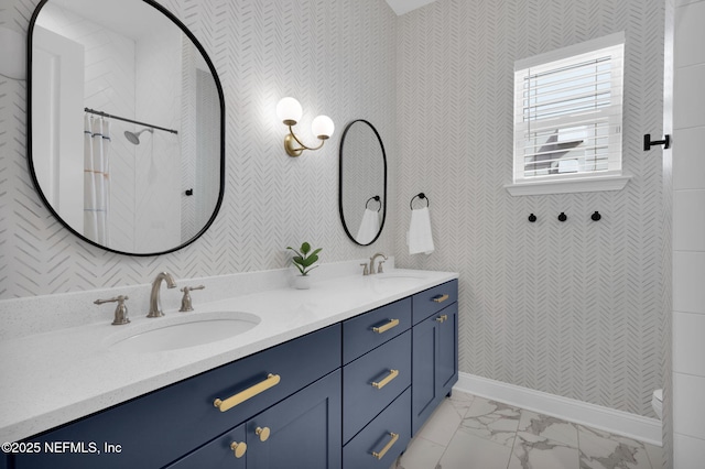 52 Sunshine Bass Ct, Ponte Vedra, FL 32081 - bathroom with double vanity, curtained shower, marble finish floor, and a sink