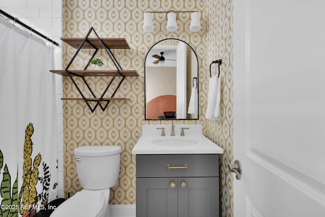 52 Sunshine Bass Ct, Ponte Vedra, FL 32081 - bathroom with a shower with curtain, wallpapered walls, baseboards, toilet, and vanity