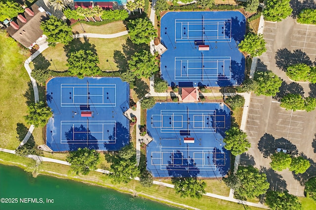 drone / aerial view with a water view