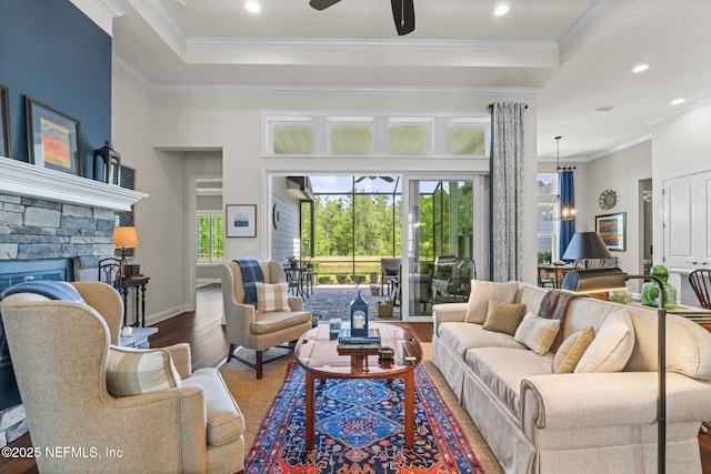 441 Anthem Ridge Dr, Ponte Vedra, FL 32081 - living area with crown molding, recessed lighting, a ceiling fan, and wood finished floors