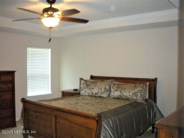 46 Molasses Ct, Jacksonville, FL 32259 - bedroom with a raised ceiling, crown molding, and a ceiling fan