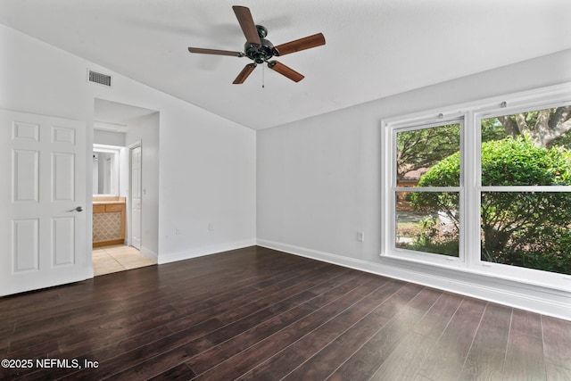 765 Sea Oats Bay, Ponte Vedra Beach, FL 32082 - interior space with a ceiling fan, baseboards, wood finished floors, vaulted ceiling, and visible vents
