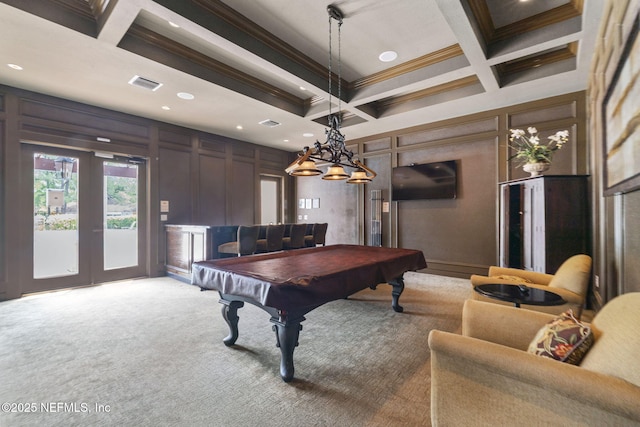 810 Sandpiper Ln, Ponte Vedra Beach, FL 32082 - recreation room with coffered ceiling, billiards, visible vents, crown molding, and a decorative wall