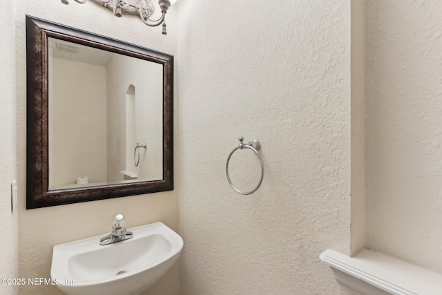 bathroom with a textured wall and a sink