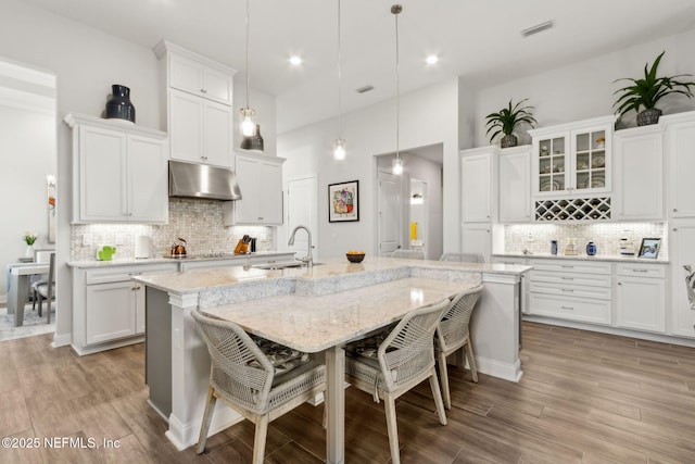 kitchen featuring a kitchen island with sink, a breakfast bar area, visible vents, a sink, and under cabinet range hood
